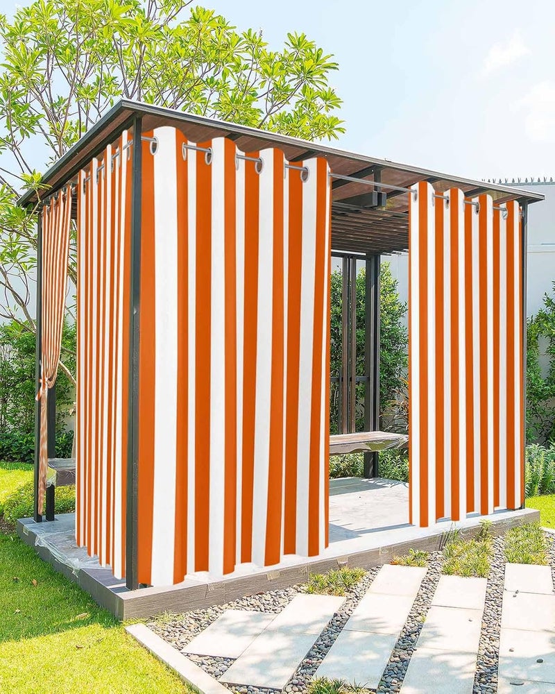 BABE MAPS Striped Outdoor Curtains for Patio Waterproof Weatherproof,Orange and White Outdoor Curtains, Sun Blocking Privacy Grommet Outside Curtains Stripe Drapes for Gazebo Porch Pergola,2 Panels,54W x 95L - Image 1